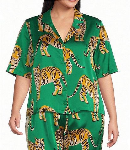 Sugarlips Plus Size Violda Tiger Printed Satin Collared Short Sleeve Button Down Coordinating Top