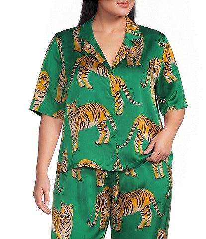 Sugarlips Plus Size Violda Tiger Printed Satin Collared Short Sleeve Button Down Coordinating Top