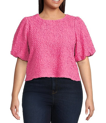 Sugarlips Plus Stretchy Textured Puffed Sleeve Cropped Top