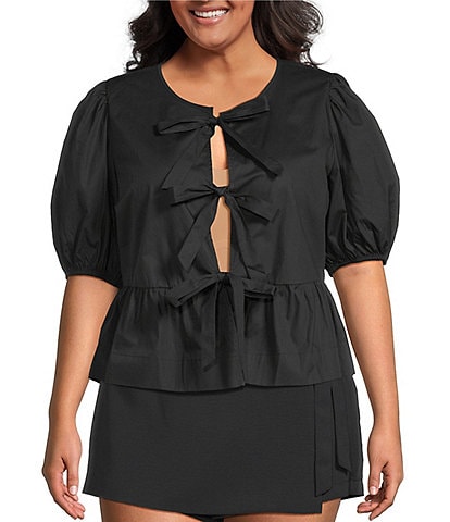 Sugarlips Plus Tie-Front Puffed Sleeve Woven Top