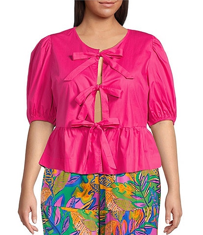 Sugarlips Plus Tie-Front Puffed Sleeve Woven Top