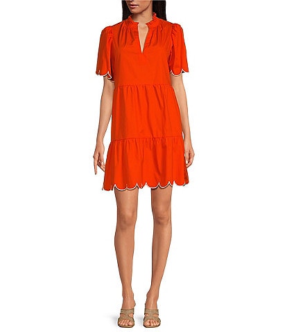 Sugarlips Poplin Ruffled Split V-Neck Short Sleeve Scallop Hem Mini Dress