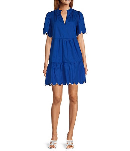 Sugarlips Poplin Ruffled Split V-Neck Short Sleeve Scallop Hem Mini Dress