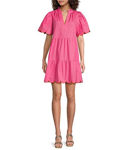 Sugarlips Poplin Ruffled Split V-Neck Short Sleeve Scallop Hem Mini Dress