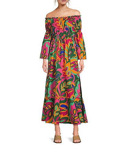 Sugarlips Poplin Tropical Print Off-The-Shoulder Long Bell Sleeve Front Slit Maxi Dress
