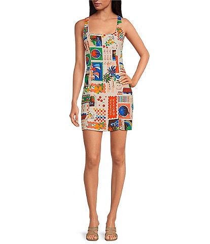Sugarlips Postcard Print Square Neck Sleeveless Mini Sheath Dress