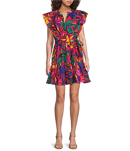 Sugarlips Rainbow Tropics Floral Printed Poplin Split V-Neck Short Ruffle Cap Sleeve Mini Dress