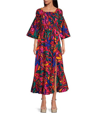 Sugarlips Rainbow Tropics Off-the-Shoulder Bell Sleeve Smocked Waist Poplin Maxi Dress