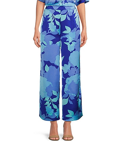 Sugarlips Satin Floral Print High Rise Wide Leg Pull-On Pants