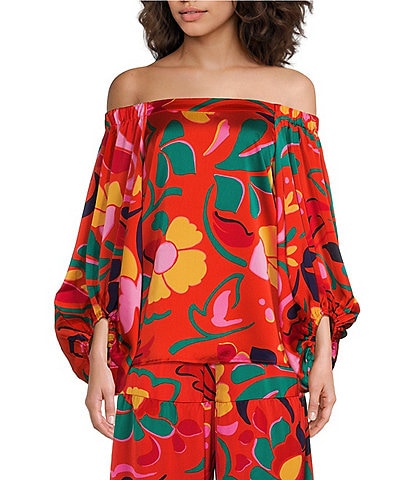 Sugarlips Satin Tropical Abstract Print Off The Shoulder Neck Long Sleeve Coordinating Top