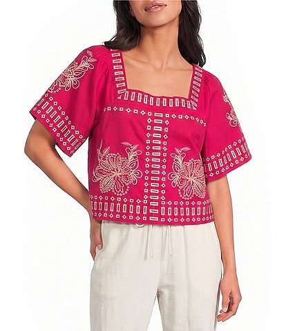 Sugarlips Silvia Embroidered Square Neck Short Sleeve Top