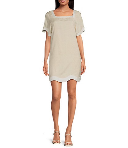 Sugarlips Square Neck Short Sleeve Contrast Trim Scallop Hem Dress