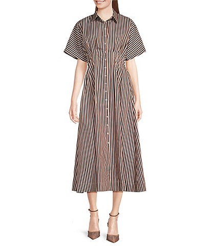 Sugarlips Striped Point Collar Dolman Sleeves Pleated Smocked Button Front Cotton Poplin Dress