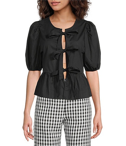 Sugarlips Tie Front Short Puff Sleeve Peplum Poplin Top