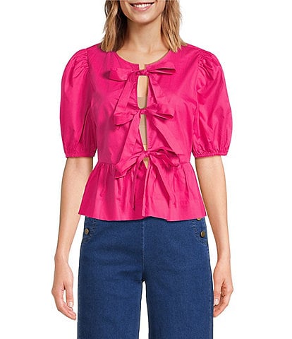 Sugarlips Tie Front Short Puff Sleeve Peplum Poplin Top