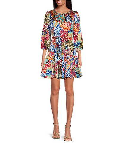Sugarlips Tropical Floral Print Crew Neck 3/4 Sleeve A-Line Dress