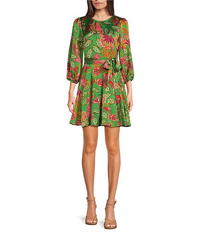 Sugarlips Tropical Floral Print Crew Neck Balloon 3/4 Sleeve Tie Belt Mini Fit and Flare Dress