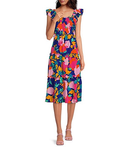 Sugarlips Tropical Floral Print Smocked Square Neck Ruffle Cap Sleeve Tiered Midi Dress
