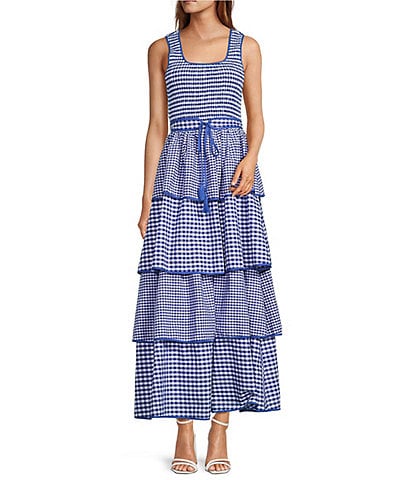 Sugarlips Vanna Checker Sally Scoop Neck Gingham Print Smocked Tassel Belt Tiered Ruffle Maxi Dress