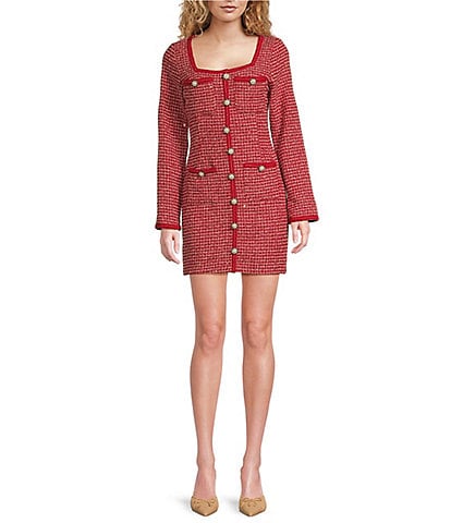 Sugarlips Yarnell Tweed Square Neck Long Sleeve Pearl Button Front Mini Dress