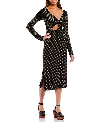 Sunscaper Long Sleeve Cut-Out Tie Front Dotted Midi Dress