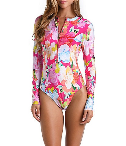 Sunshine '79 Expressive Garden Floral Print High Neck Long Sleeve Zip Front One Piece Paddle Suit