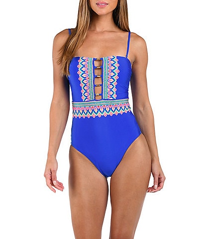 Sunshine '79 Jewel Essence Straight Neck Tummy Control Bandeau One Piece Swimsuit