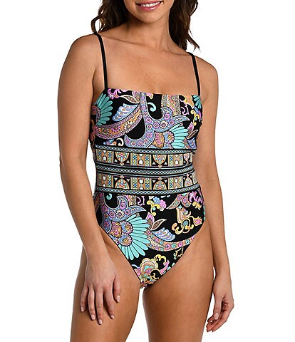 Sunshine '79 Patchwork Reversible Paisley Print to Solid Black Bandeau One-Piece Swimsuit