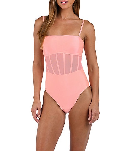 Sunshine '79 Solid Straight Neck Corset Binding Over Mesh Bandeau One Piece Swimsuit