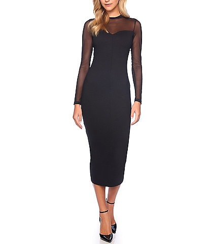 Susana Monaco Knit Mesh Sweetheart Neck Long Sleeve Bodycon Midi Dress