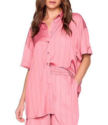 Susana Monaco Satin Stripe Print Button Collar Short Sleeve Coordinating Top