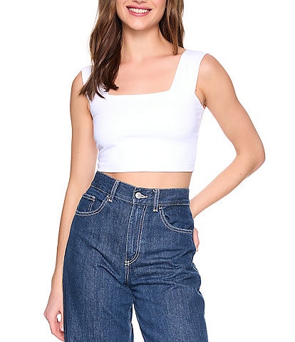 Susana Monaco Signature Stretch Wide Strap Square Neck Sleeveless Coordinating Crop Top