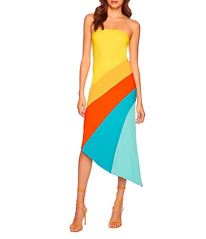Susana Monaco Stripe Asymmetrical Strapless Neck Sleeveless Midi Dress