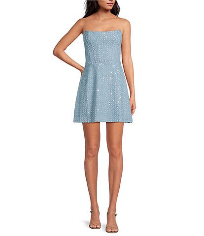 Susana Monaco Sweetheart Neckline Sleeveless Denim and Sequin Mini Corset Dress