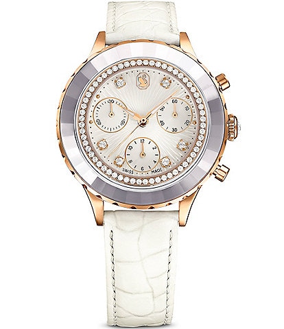 Swarovski Women's Octea Crystal Chronograph Croco White Leather Strap Watch