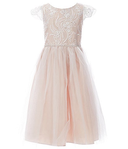 Sweet Kids Little Girls 2-6 Short-Sleeve Sequin-Embellished Lace/Satin/Crystal Tulle Fit-And-Flare Dress