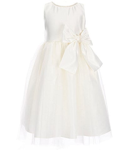 Sweet Kids Little Girls 2-6 Sleeveless Dull Satin Pearl Trim Bow Detail Tulle Tea Dress