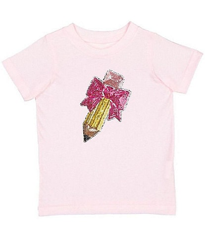 Sweet Wink Little/Big Girls Short Sleeve Pencil Bow Sequin Patch T-Shirt