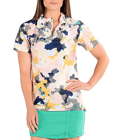 SwingDish Flutter Collection Lucinda Printed Short Sleeve V-Neck Shirt