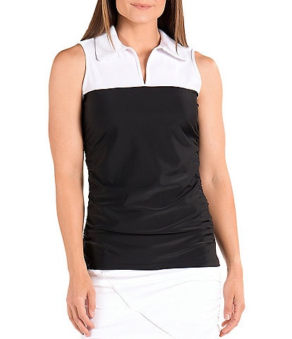 SwingDish Melissa Color Block Sleeveless Side Ruched Point Collar Top