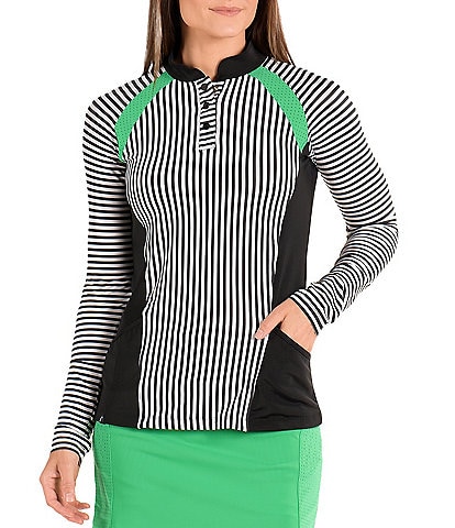 SwingDish Rain Forest Abby Stripe Print Long Sleeve Mandarin Collar Pocketed Shirt