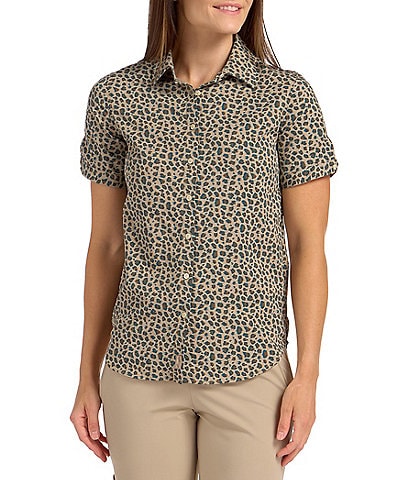 SwingDish Safari Collection Caitlyn Mini Leopard Button Up Short Sleeve Top