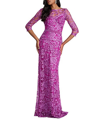 Tadashi Shoji 3/4 Sleeve Belted Embroidered Lace Gown