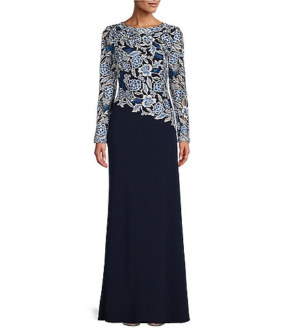 Tadashi Shoji Asymmetrical Embroidered Lace Boat Neck Long Sleeve Gown
