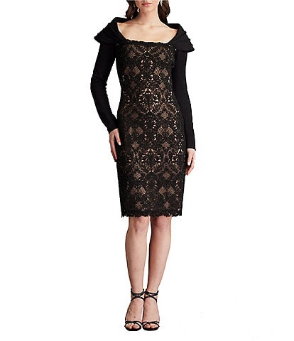 Tadashi Shoji Corded Lace Square Neck Long Sleeve Back Cape Dress