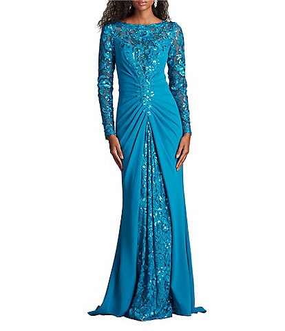Tadashi Shoji Crepe Embroidered Sequin Boat Neck Long Sleeve Sheath Gown