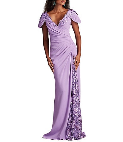 Tadashi Shoji Crepe Embroidered Sequin V Neck Short Sleeve Sheath Gown