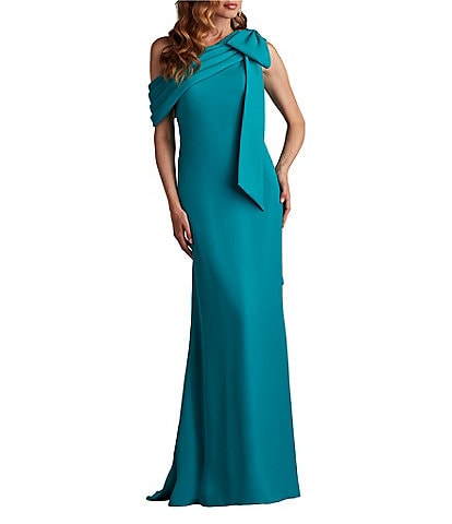 Tadashi Shoji Draped One Shoulder Bow Detail Crepe Sheath Gown