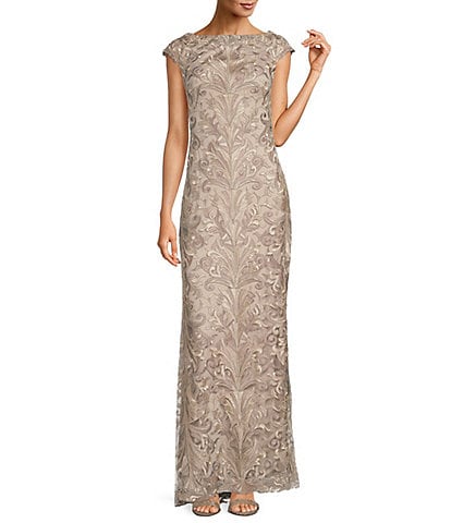 Tadashi Shoji Embroidered Lace Boat Neck Cap Sleeve Gown