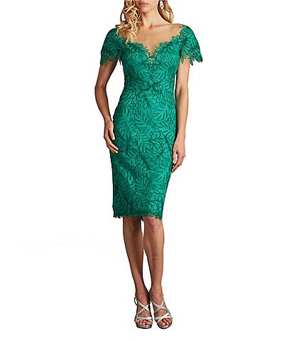 Tadashi Shoji Embroidered Lace Illusion Sweetheart Neck Cap Sleeve Sheath Dress